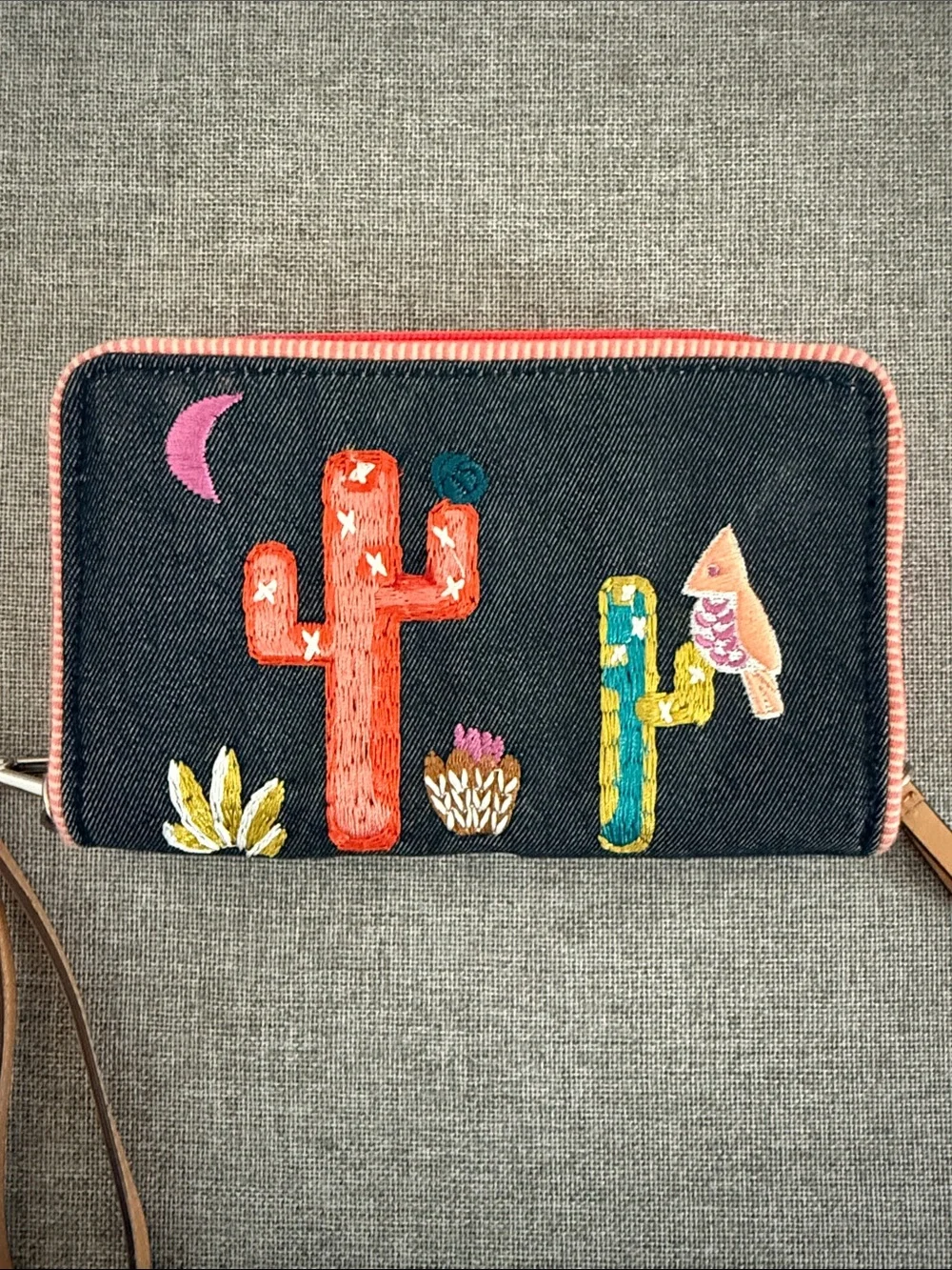 Vera Bradley Embroidered Cactus Wristlet Wallet in Black Denim